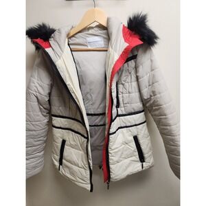 Katherine Barclay Montreal Womens Puffer Jacket Faux Fur Hood Beige Red‎ Black